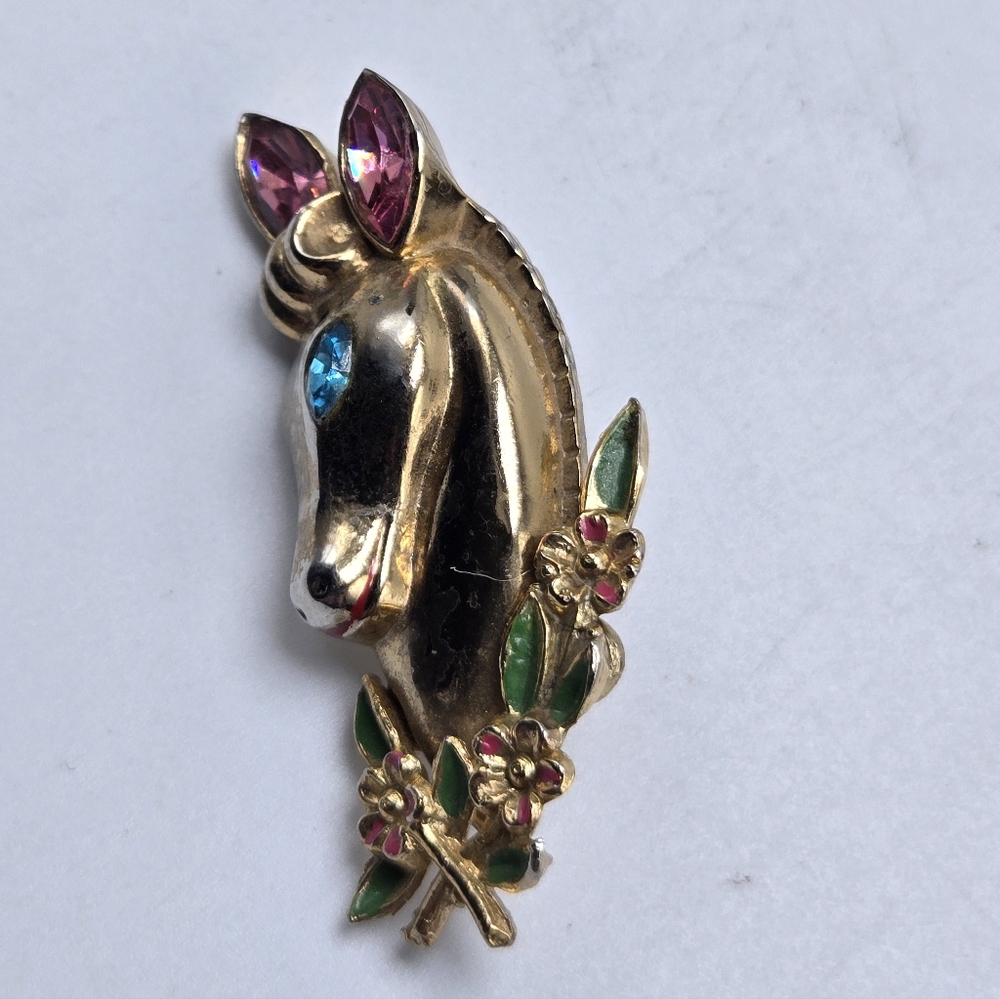 50's Coro Signed Rhinestone Brooch Gold Tone Enamel Pat Pend MCM Jewelry Pinback